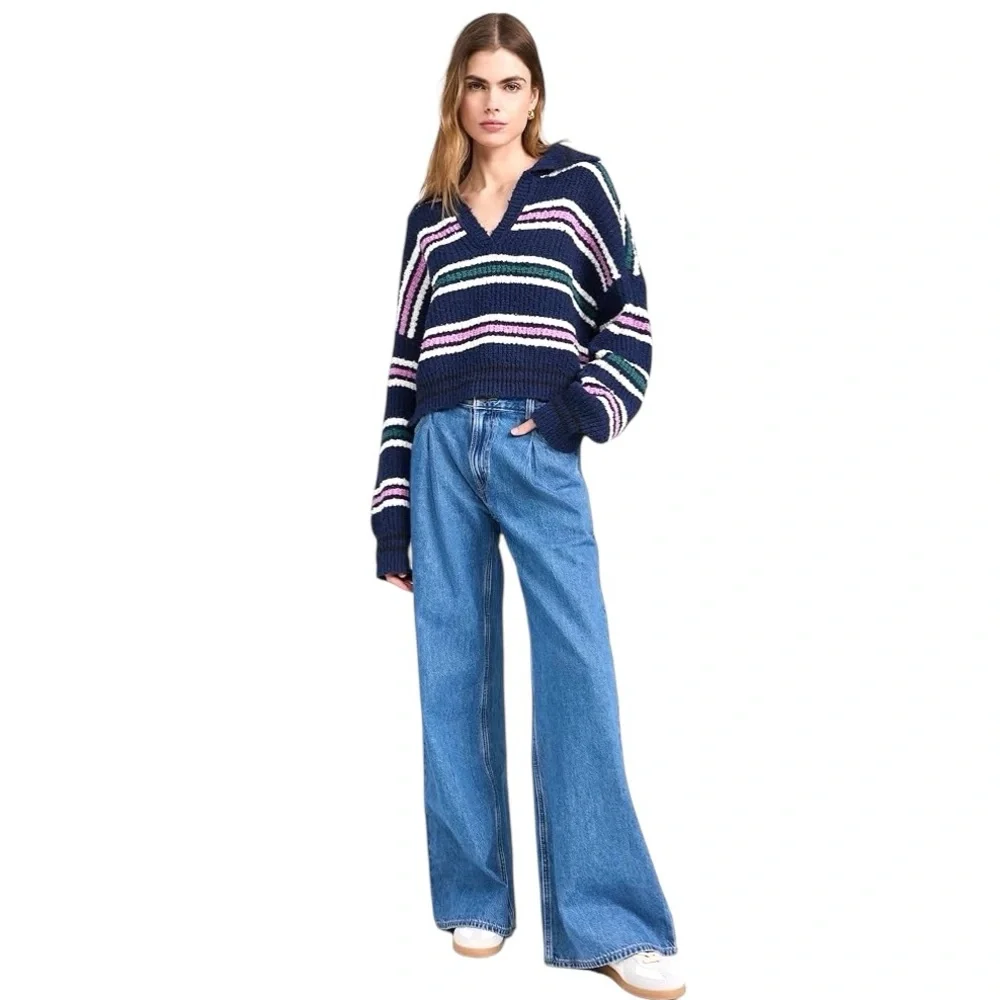 Free People NWT Kennedy Pullover Stripe Knit Sweater Size Medium Cropped Relaxed